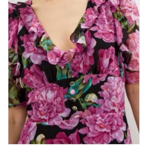 THE KOOPLES Winter Peonies Floral Print Short Sleeve  Ruffled Mini Dress Large - Picture 8 of 14